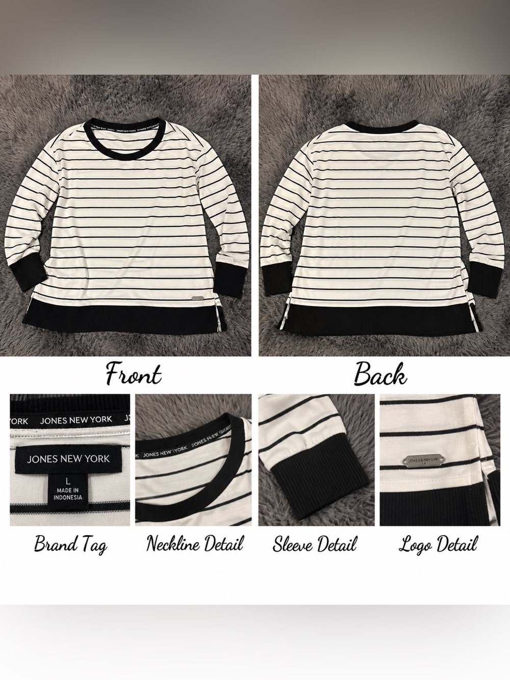 Jones New York Black and White Striped Jersey Top